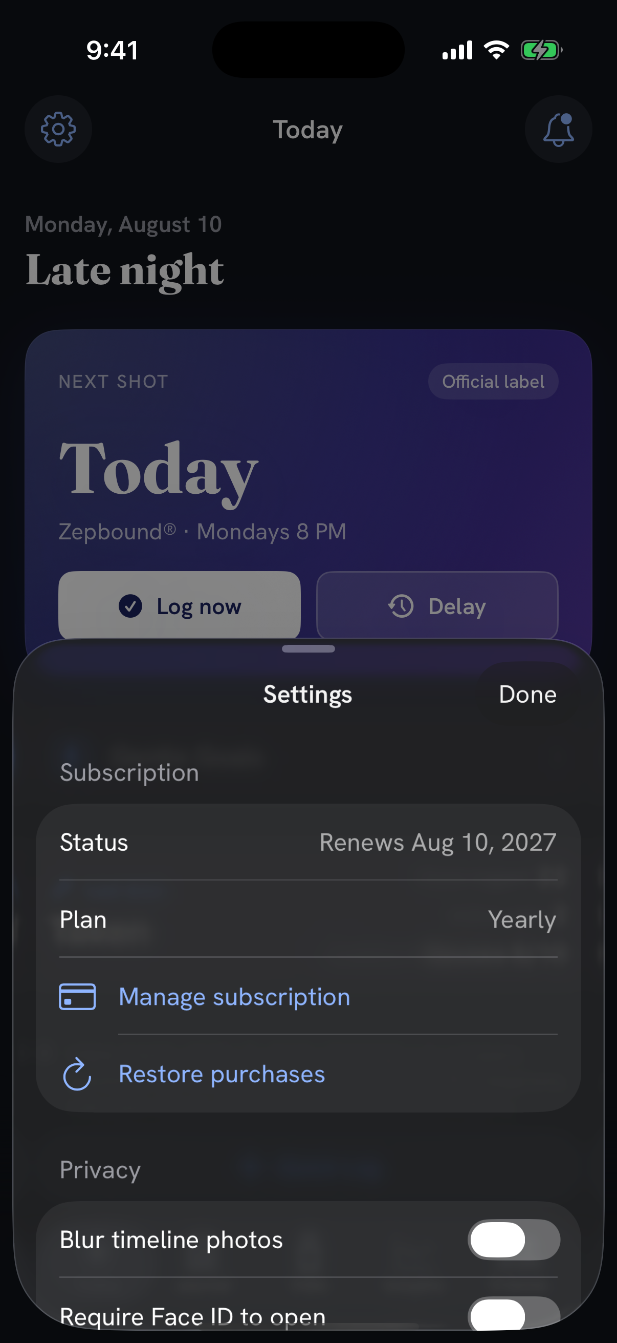 Vialie Settings screen with local privacy controls