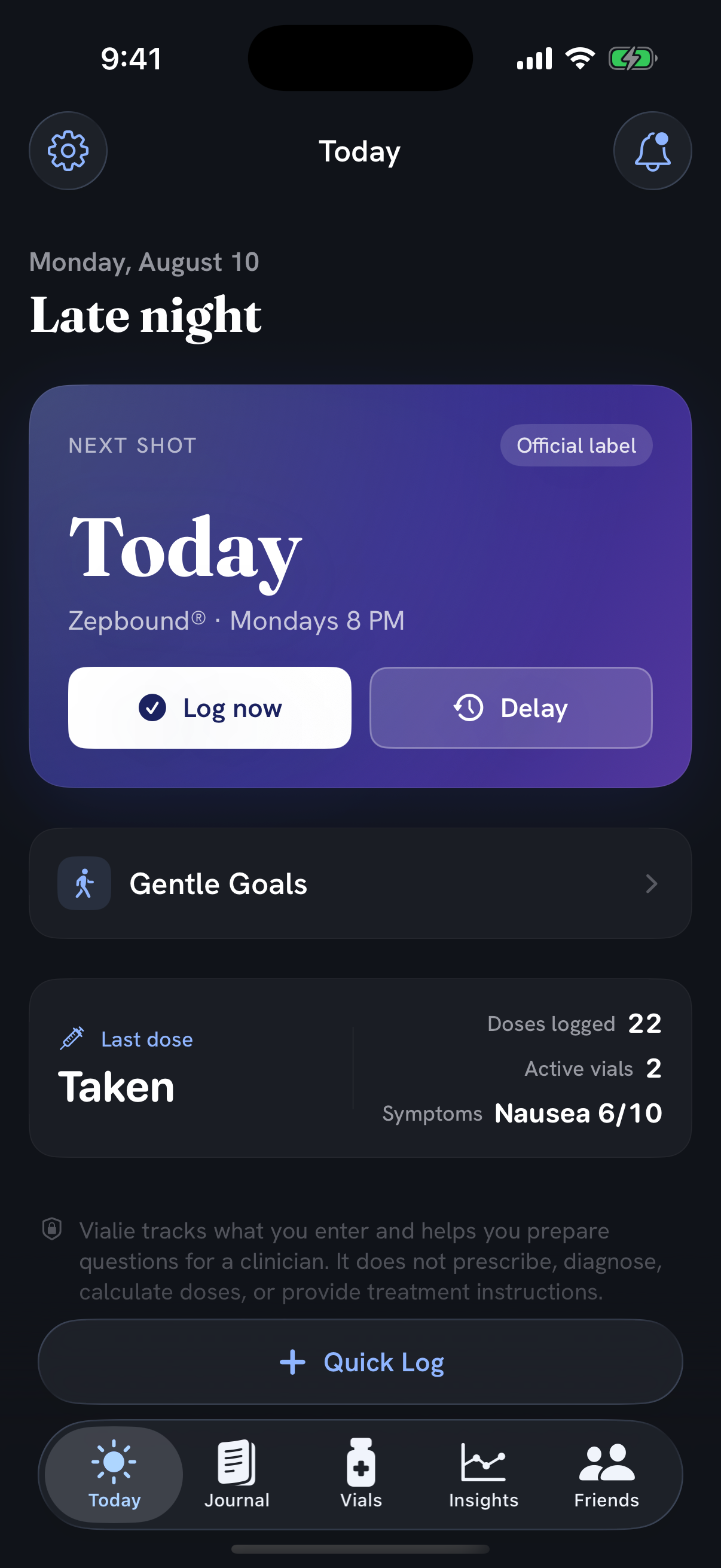 Vialie Today screen with a simple local record and quick log button